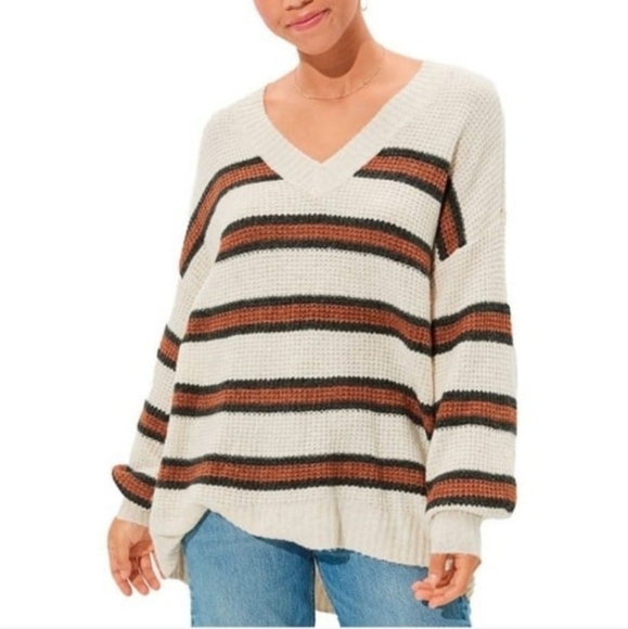 American eagle oversized V neck soft ivory brown and black striped sweater sz M - Picture 1 of 11